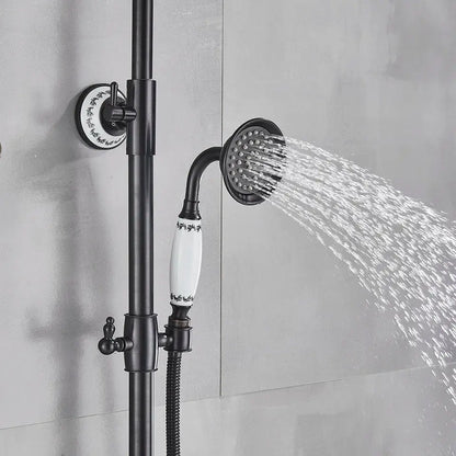 DecorBites™ 8 inch black matte rainfall shower system with white ceramic accents and hand shower for enhanced shower experience