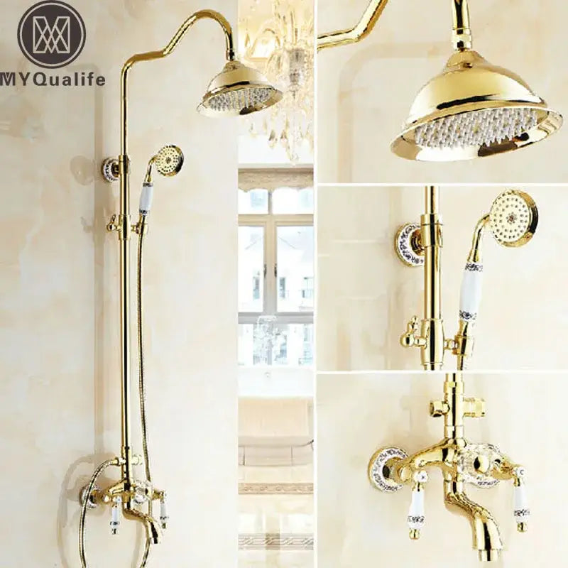Decorbites™ gold-finished brass shower tub faucet set with 8 inch rainhead, rotate spout, and white ceramic handles