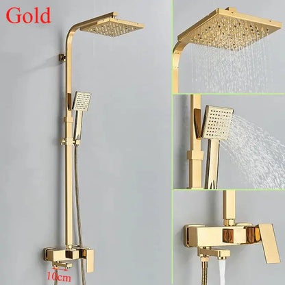 Decorbites™ gold-finished shower faucet set with 8 inch square rainhead handheld spray nozzle and wall mount valve