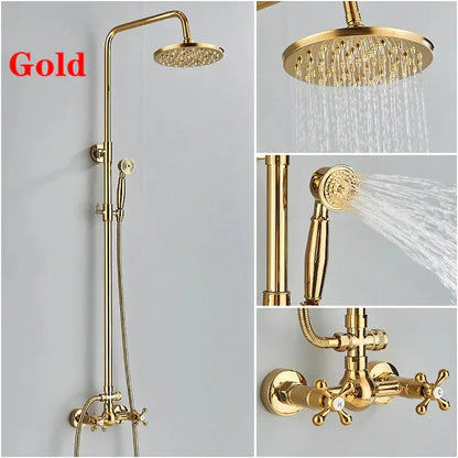Decorbites 8 inch gold finished brass shower faucet set with rainfall head handheld sprayer and cross-handle mixer valve