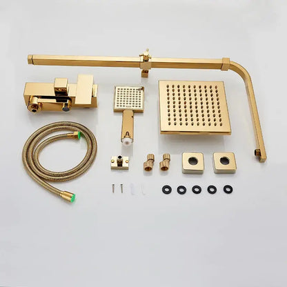 Decorbites gold-finished brass shower faucet set with 8 inch square rainhead handheld spray and wall mount bar