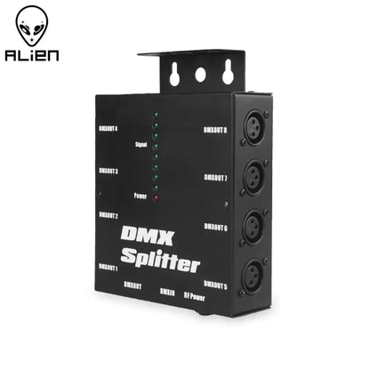Black DecorBites™ 8-way dmx 512 optical splitter with multiple output ports and indicator lights for stage lighting