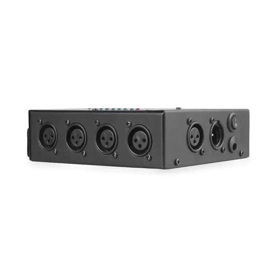 Black metal DecorBites™ 8-way DMX 512 optical splitter with four XLR inputs and one output jack for stage lighting use