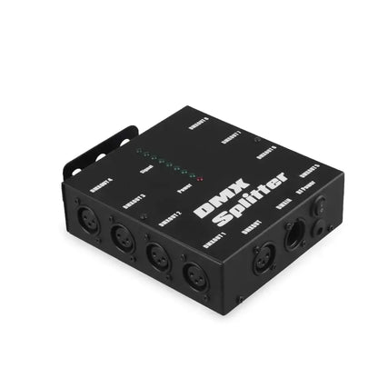 Black rectangular DecorBites™ 8-way dmx optical splitter with multiple XLR ports and LED indicators for stage lighting