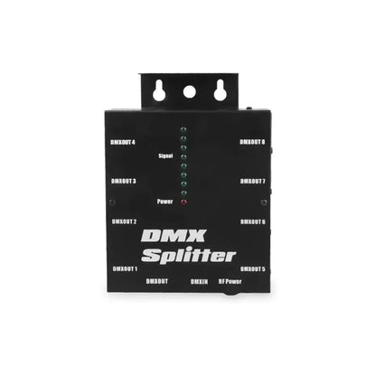 Black rectangular DecorBites 8-way dmx optical splitter with eight labeled output ports and indicator lights for stage lighting