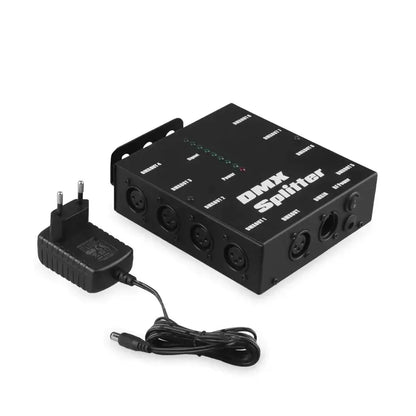 Black DecorBites™ 8-way dmx 512 optical splitter showing multiple XLR input output ports and indicator lights for stage lighting