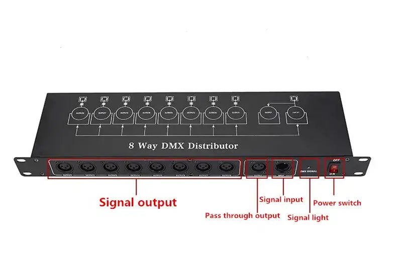 Black decorbites 8-way dmx512 signal amplifier showing back with eight xlr outputs one input and red power switch for stage lighting