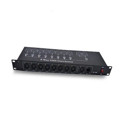 Black DecorBites stage lighting dmx512 signal amplifier with eight XLR ports and red power switch for dmx512 signal distribution