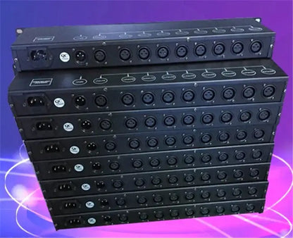 Black metal rack-mounted DecorBites™ 8-way dmx512 signal amplifier back with multiple xlr ports for stage lighting