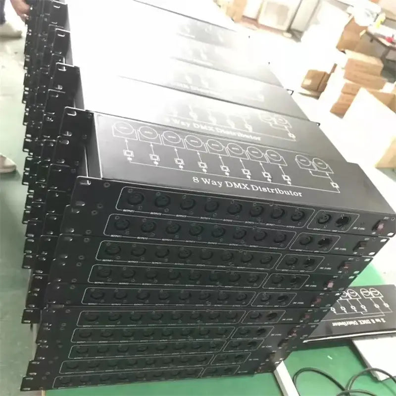 Black 8-way dmx512 signal amplifier with matte finish and white labeled ports for stage lighting use