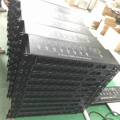 Black 8-way dmx512 signal amplifier with matte finish and white labeled ports for stage lighting use