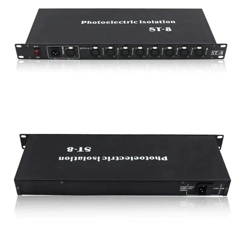 Black st-8 rack-mount dmx512 signal amplifier with eight xlr ports and power connectors for stage lighting use