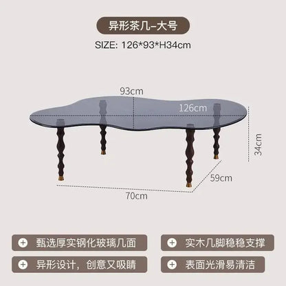 Decorbites™ solid wood coffee table with dark gray tempered glass top and gold-capped wooden legs for living room