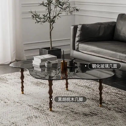 DecorBites™ solid wood coffee table with black tempered glass top and dark walnut legs for living room use