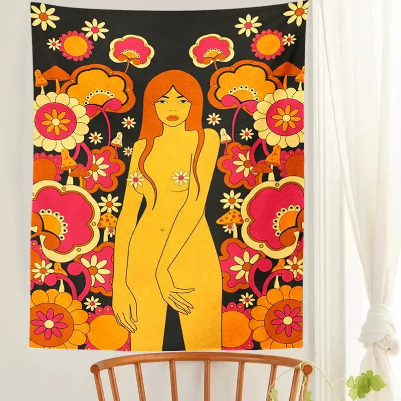 Vibrant DecorBites™ 80s vintage floral wall tapestry featuring a golden nude figure and bold pink orange flowers on black