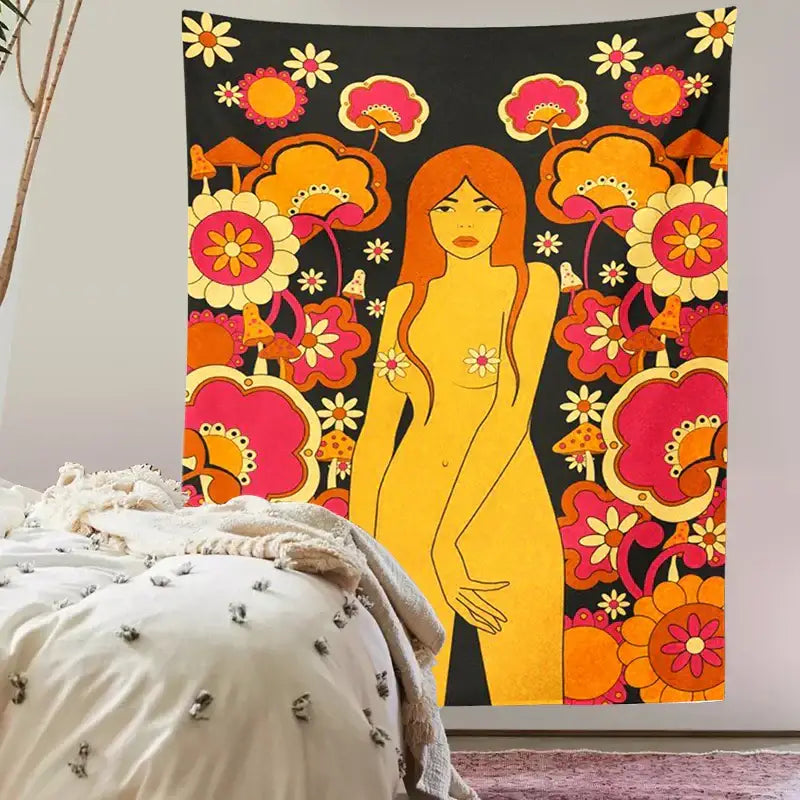 Decorbites 80s vintage floral wall tapestry with golden figure and bold orange pink yellow flowers on black background