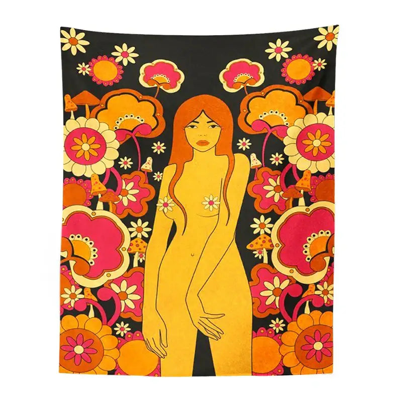 Decorbites™ 80s vintage floral wall tapestry featuring a golden figure with bold pink orange and yellow flowers on black background