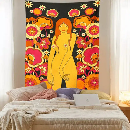 Decorbites™ 80s vintage floral wall tapestry featuring a golden nude figure with pink orange yellow flowers on black background