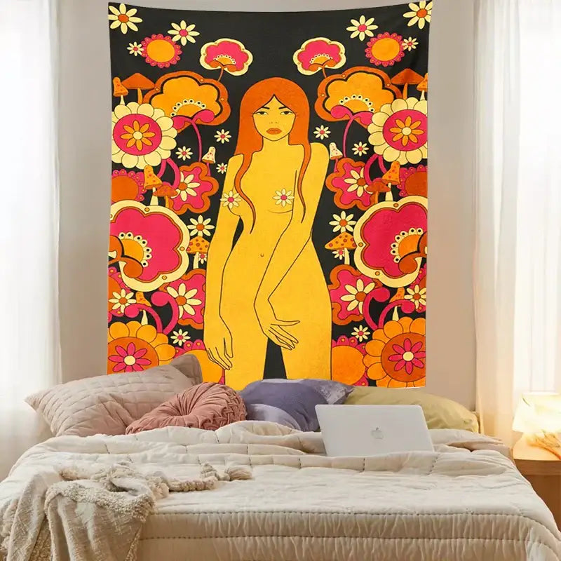 Decorbites™ 80s vintage floral wall tapestry featuring a golden nude figure with pink orange yellow flowers on black background
