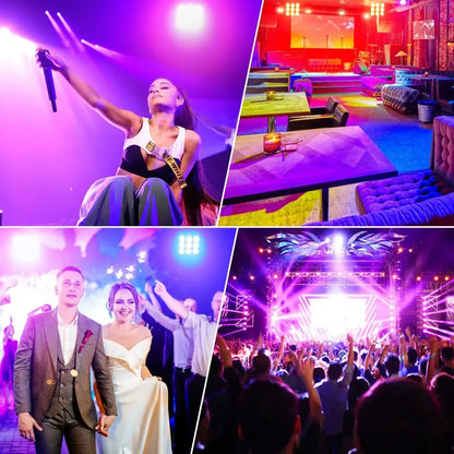 A vibrant purple and pink decorbites™ 80w 9-eye cob matrix rgbw stage light illuminating a performer with a microphone