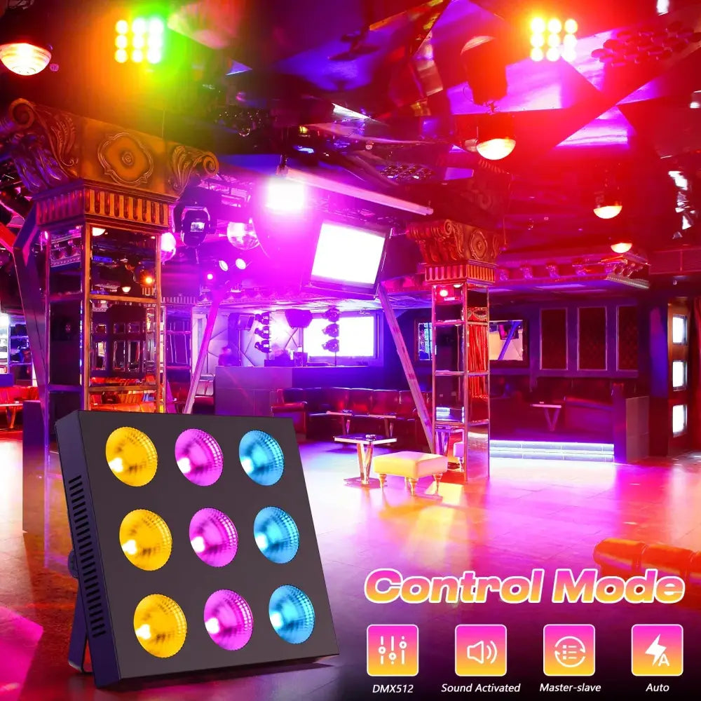 Black rectangular decorbites 80w stage light with 9-eye cob matrix bulbs emitting yellow pink and blue hues