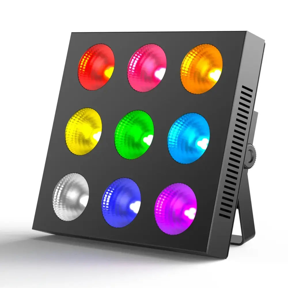 Decorbites 80w black rectangular stage light with 9-eye cob matrix emitting multicolor rgbw hues for dj events