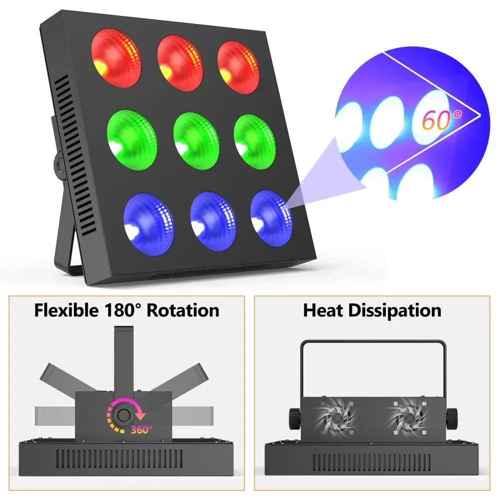 Black rectangular stage light DecorBites 80W 9-eye cob matrix with RGB circular lights and side ventilation slots