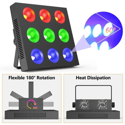 Black rectangular stage light DecorBites 80W 9-eye cob matrix with RGB circular lights and side ventilation slots