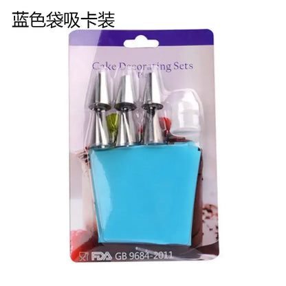 Blue silicone piping bag with three metallic tips and clear container from DecorBites 8pc silicone piping and 6pc nozzle set