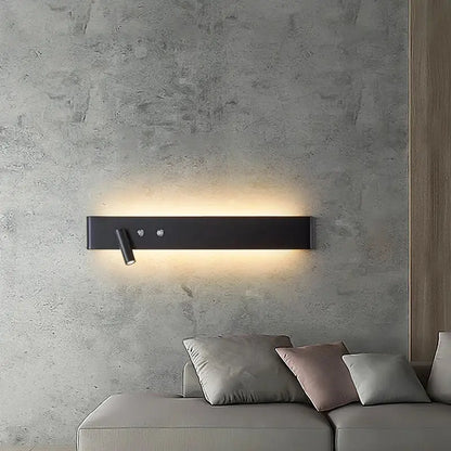 Modern black aluminum wall light switch with sleek rectangular design and adjustable spotlight for living room or bedroom