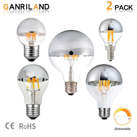 Set of five silver-finished decorbites™ led filament dimmable g45 bulbs with clear glass and metallic bases including one larger bulb