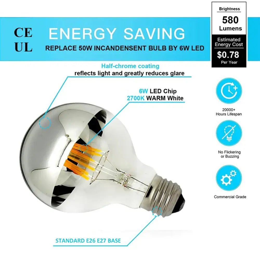 A decorbites™ 8w led filament dimmable g45 silver mirror top bulb with warm white 2700k light and e26 e27 base chrome finish