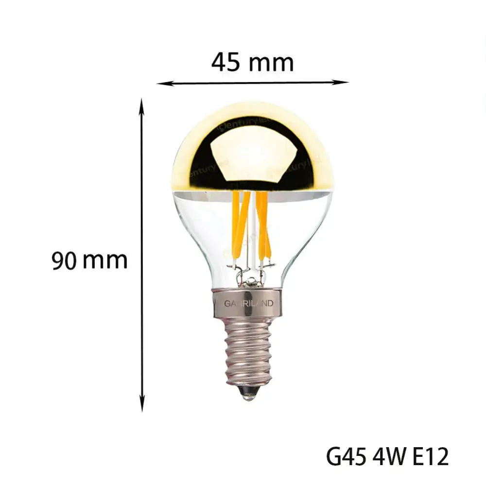 A warm white decorbites led filament dimmable g45 bulb with silver mirror top and e12 screw base in clear glass