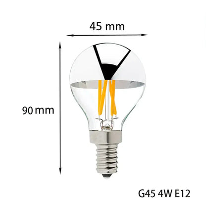Clear glass DecorBites™ led filament dimmable g45 silver mirror top bulb with yellow filaments and metallic screw base