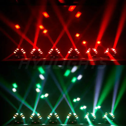 Decorbites 8x12w rgbw 140w dual head led dj light projecting red and green laser beams on a dark stage