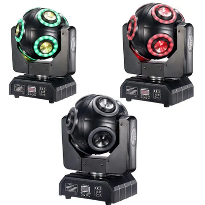 Black 8x15w moving head spotlights with circular green and red lights and sleek metallic finish for stage use