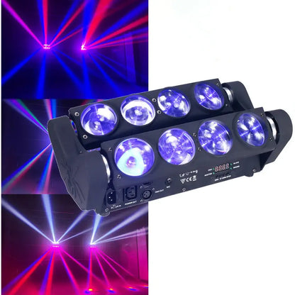 Black dual-row led rgbw spider light bar with six lenses emitting purple and blue beams for stage dj party use