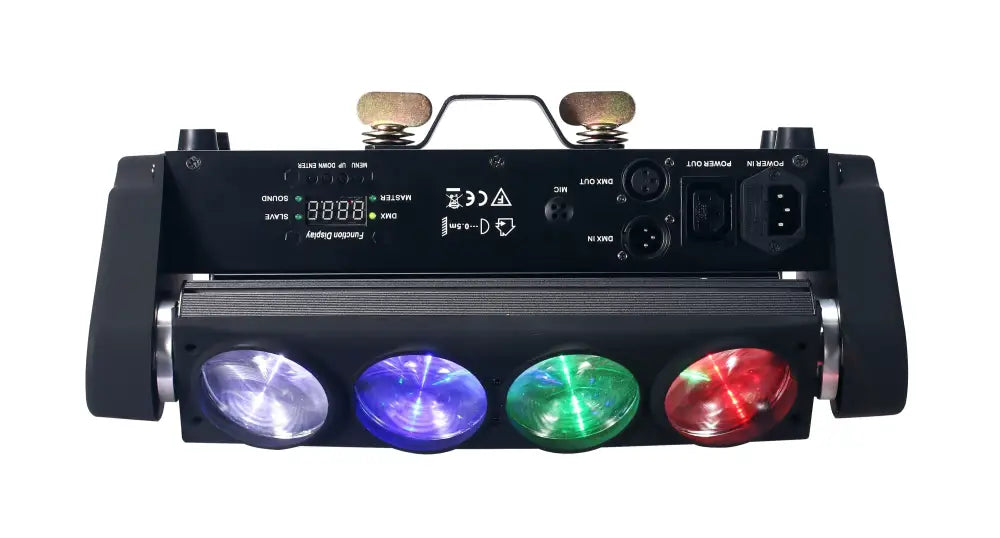 Black led rgbw spider light bar with four circular lights emitting purple blue green and red hues for stage lighting