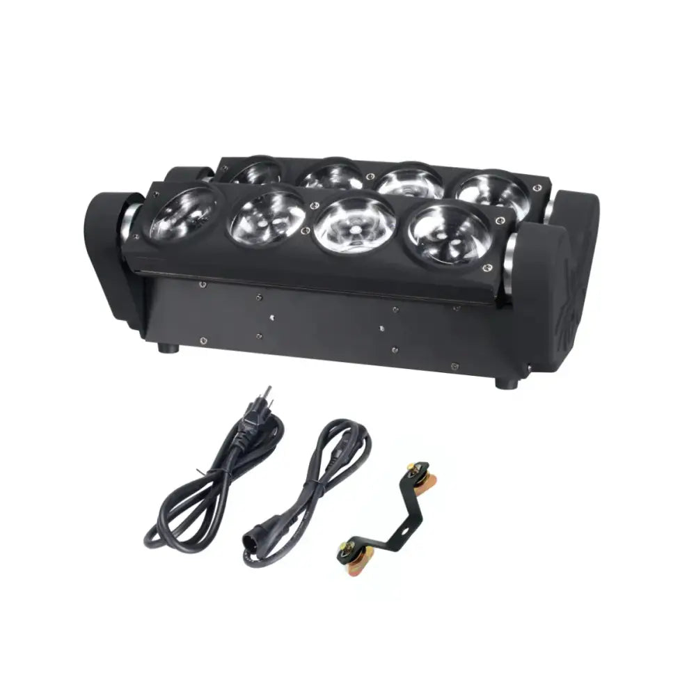 Black led light bar with six chrome 8x15w rgbw spider light fixtures arranged in a row for stage dj party use