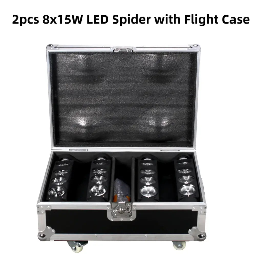 Two black 8x15w rgbw spider lights neatly arranged in a silver and black flight case with wheels for stage use
