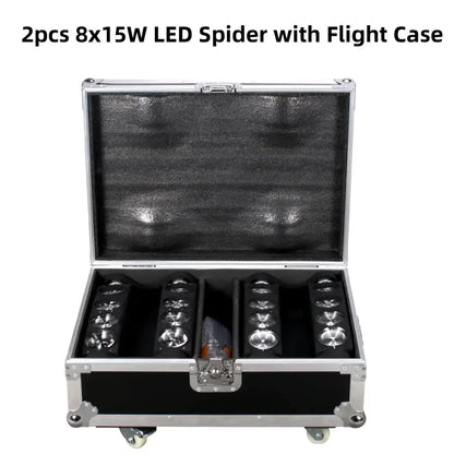 Two black 8x15w rgbw spider lights neatly arranged in a silver and black flight case with wheels for stage use