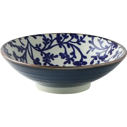 Decorbites™ 9.5’’ ceramic japanese ramen bowl with deep blue exterior and intricate white navy floral interior design