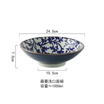 DecorBites™ 9.5 inch ceramic japanese ramen bowl with deep blue exterior and navy floral interior for soup or salad