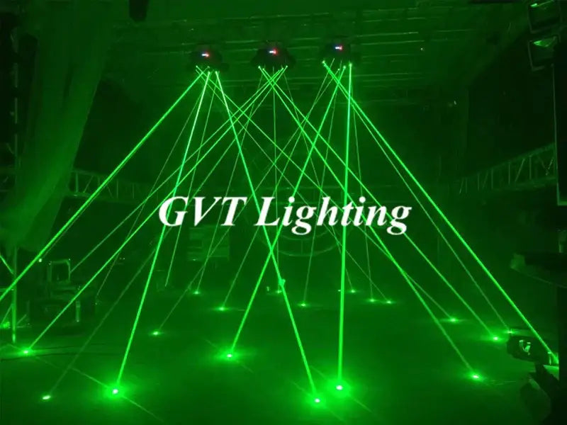 DecorBites™ 9 Eyes moving head spider laser light with green beams creating effects in a dark venue setting