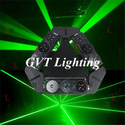 Black triangular moving head spider laser light with 9 eyes and metallic accents for stage lighting by decorbites