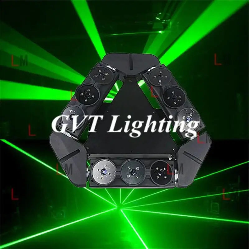 Black triangular moving head spider laser light with 9 eyes and metallic accents for stage lighting by decorbites