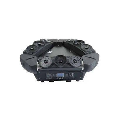 Black ruggedly designed decorbites™ 9 eyes moving head spider laser light with multiple circular emitters in star pattern