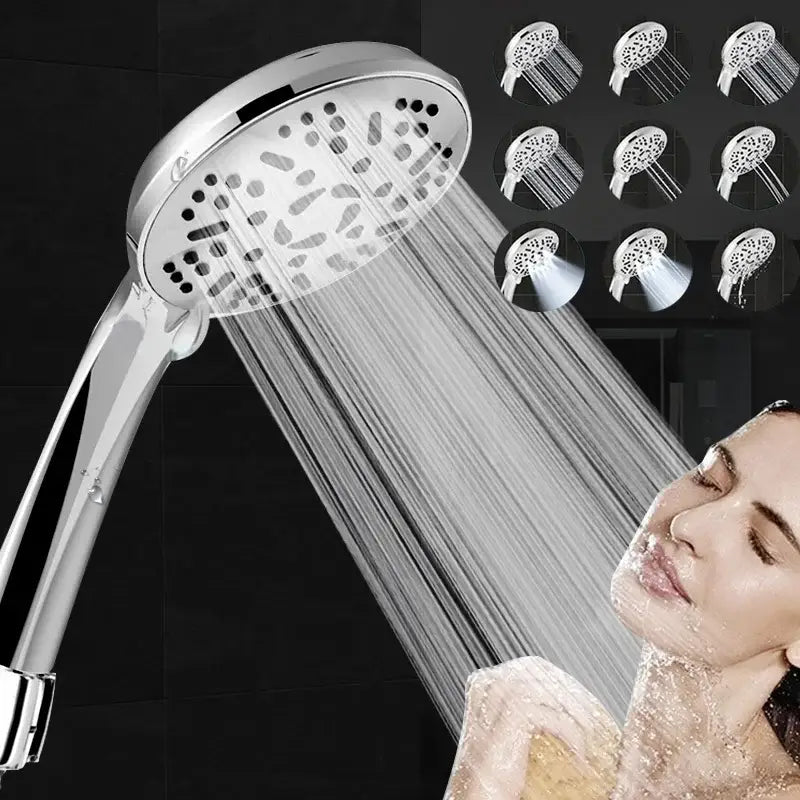 Shiny chrome-finished handheld shower head with circular design and 9 spray patterns for high pressure water saving massage