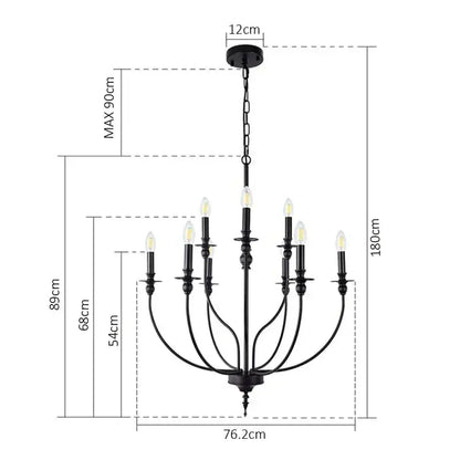 Black wrought iron decorbites™ 9-head retro industrial chandelier light with nine candle-style bulbs in e14 candle design