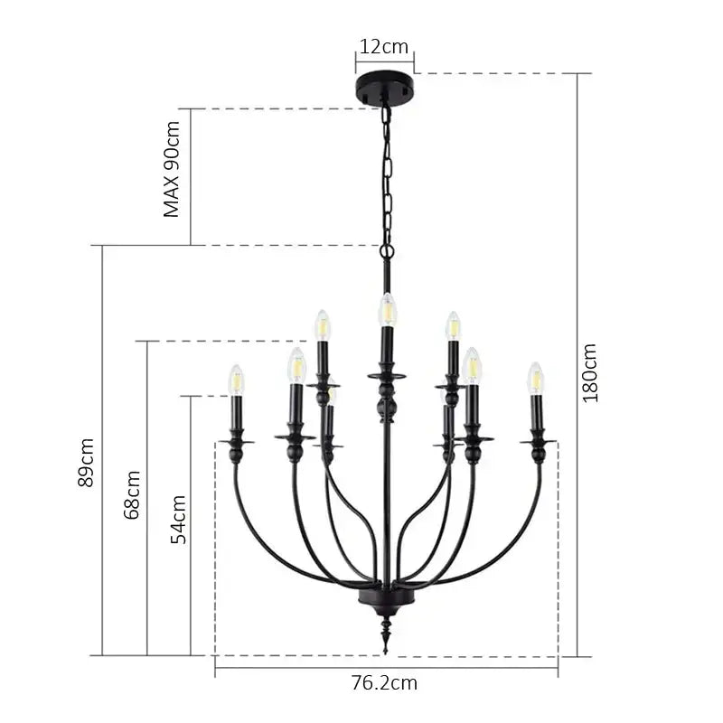 Black wrought iron decorbites™ 9-head retro industrial chandelier light with nine candle-style bulbs in e14 candle design